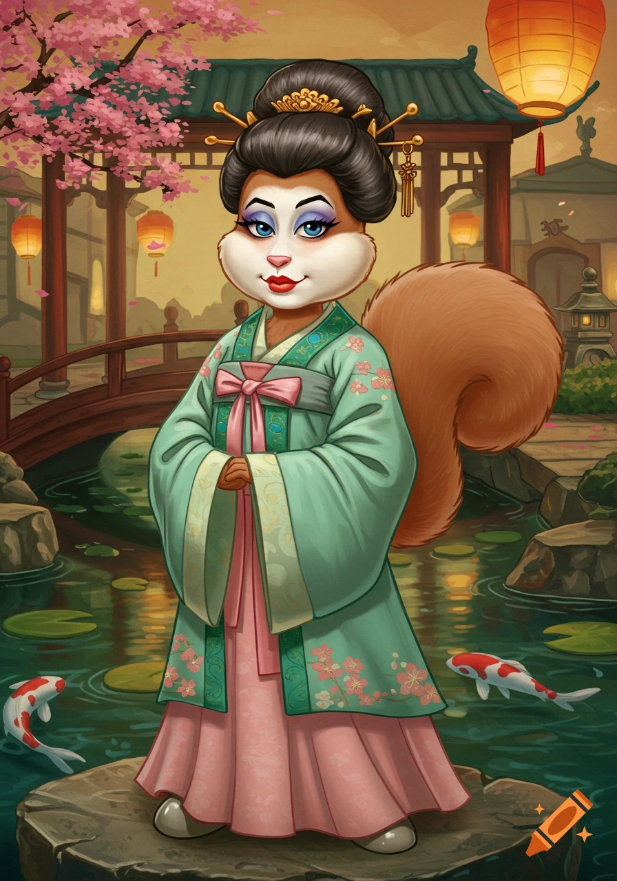 An anthropomorphic squirrel in a traditional green and pink Asian dress, with a bun hairdo and makeup, stands by a koi pond with cherry blossoms.