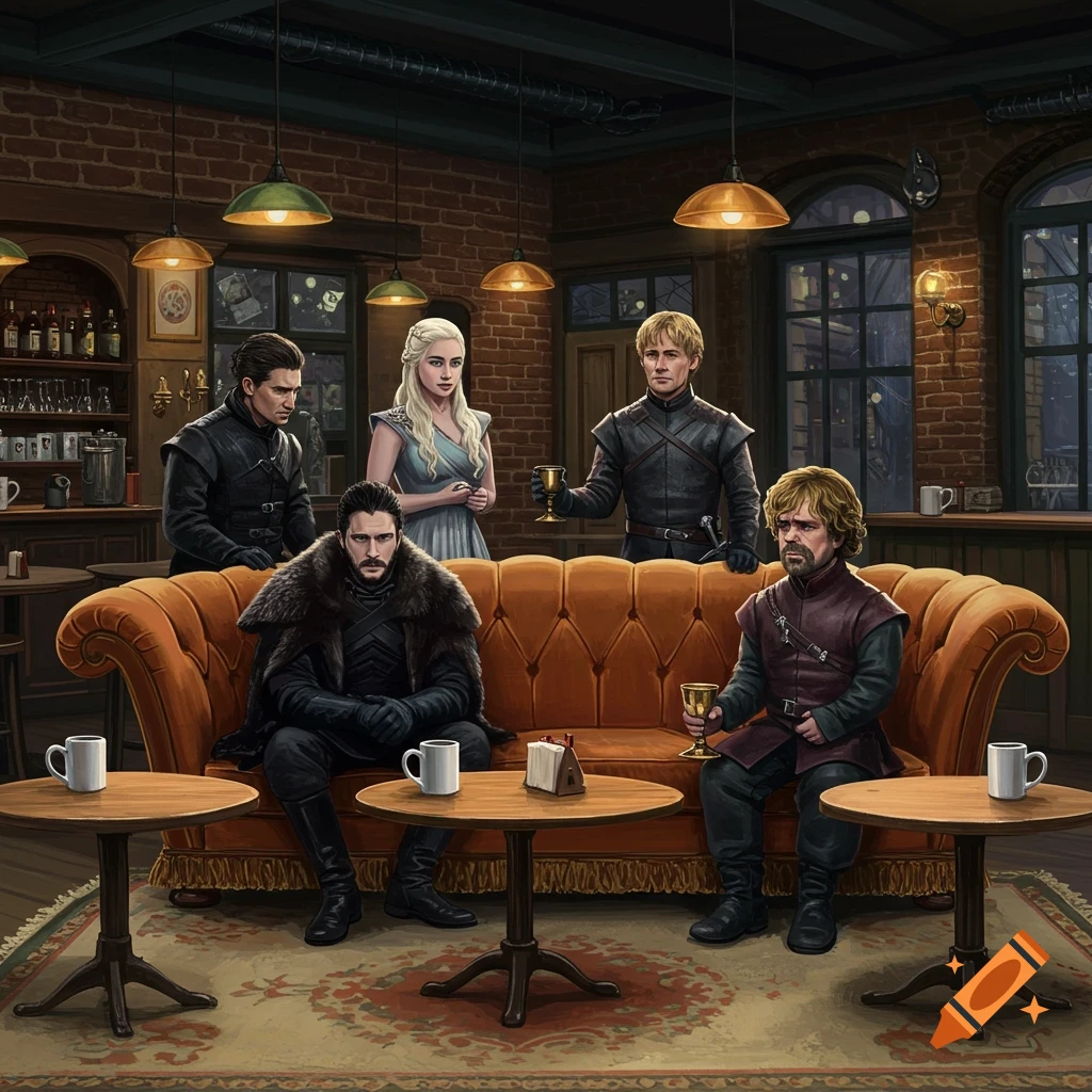 Game of Thrones characters including Jon Snow and Tyrion relaxing on an orange couch in a stylized cafe.