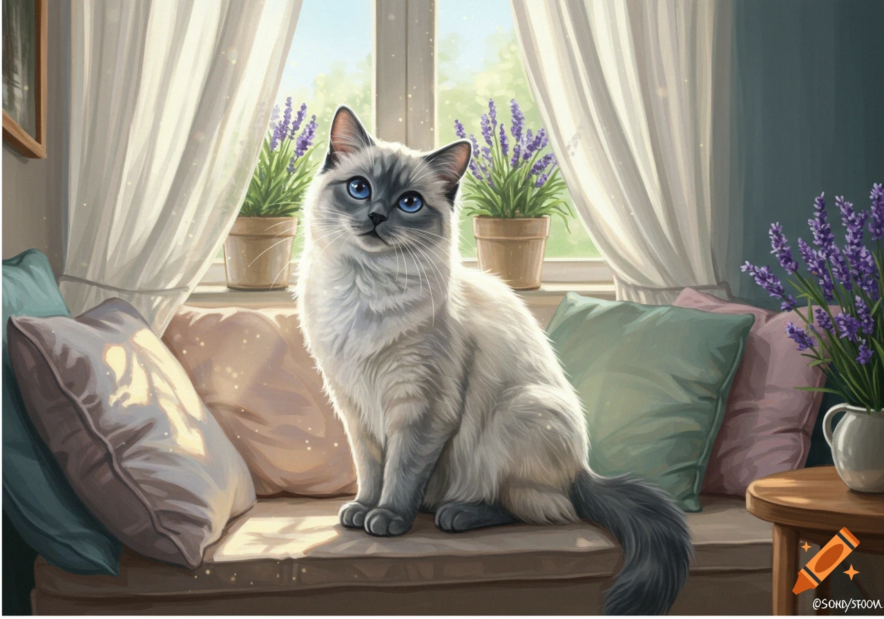 A blue colorpoint Ragdoll cat sits on a window seat with pillows and lavender plants in a digital painting.
