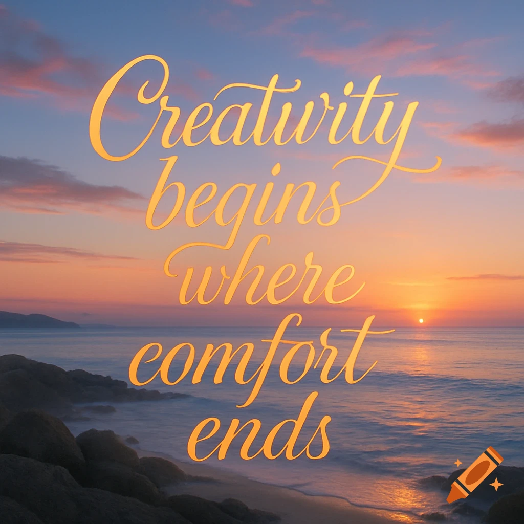 Golden calligraphic text 'Creativity begins where comfort ends' over a serene ocean sunset with warm hues.