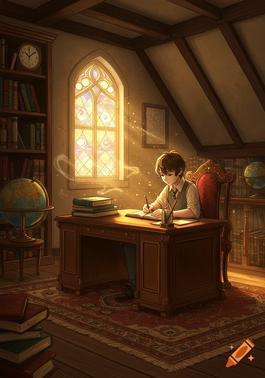 A young boy studies at a desk in a cozy attic room, bathed in warm light from a stained glass window, surrounded by books and globes.