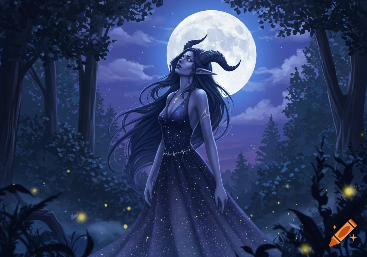 A female lunar elf with horns in a starry dress looks up at a full moon in a dark forest.