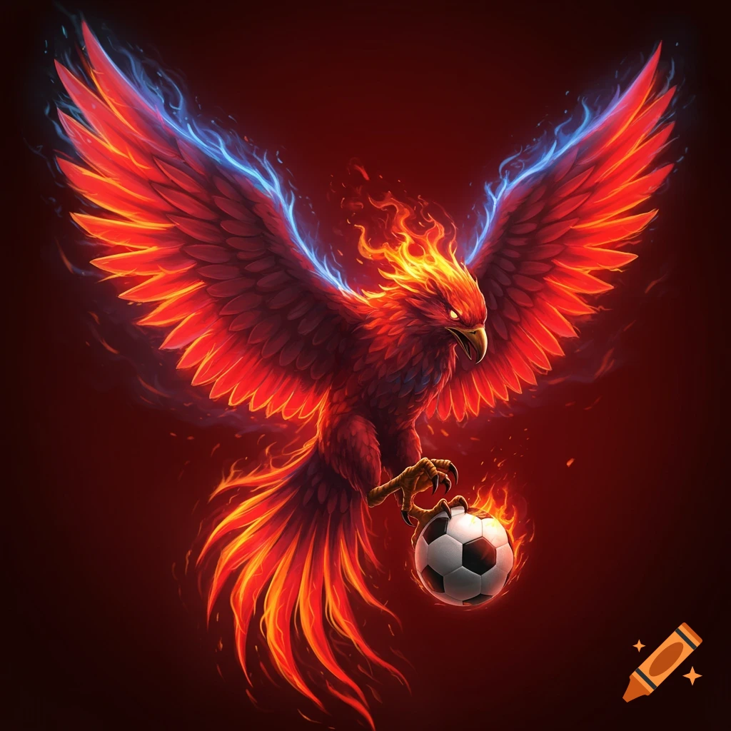 Digital art of a fiery red phoenix with blue wing flames holding a soccer ball on a dark red background.