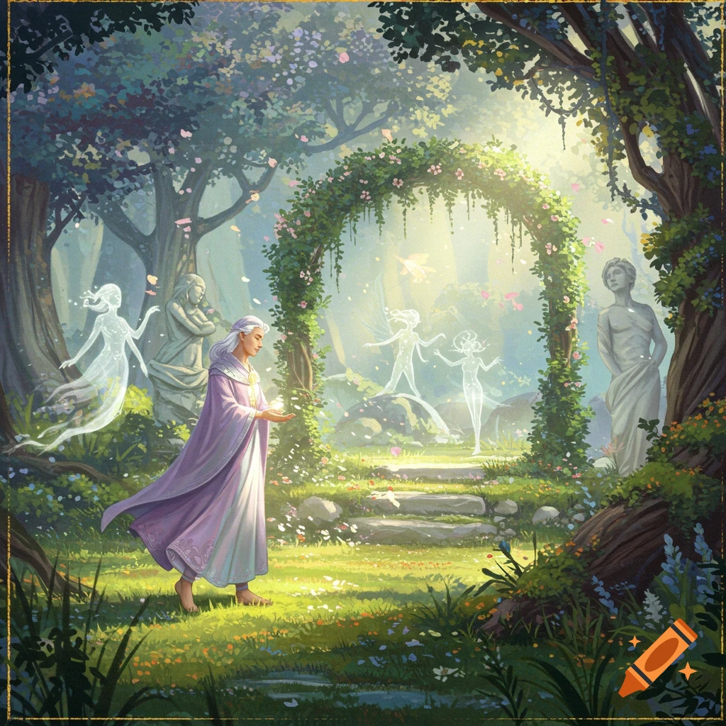 A robed figure holds a glowing orb in a magical forest with ghostly dancers, classical statues, and a floral archway. Fantasy illustration.
