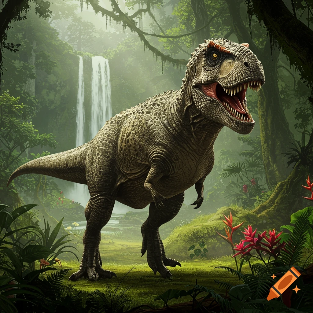 A powerful Tyrannosaurus Rex-like dinosaur roars in a lush, misty jungle with a towering waterfall in the background.