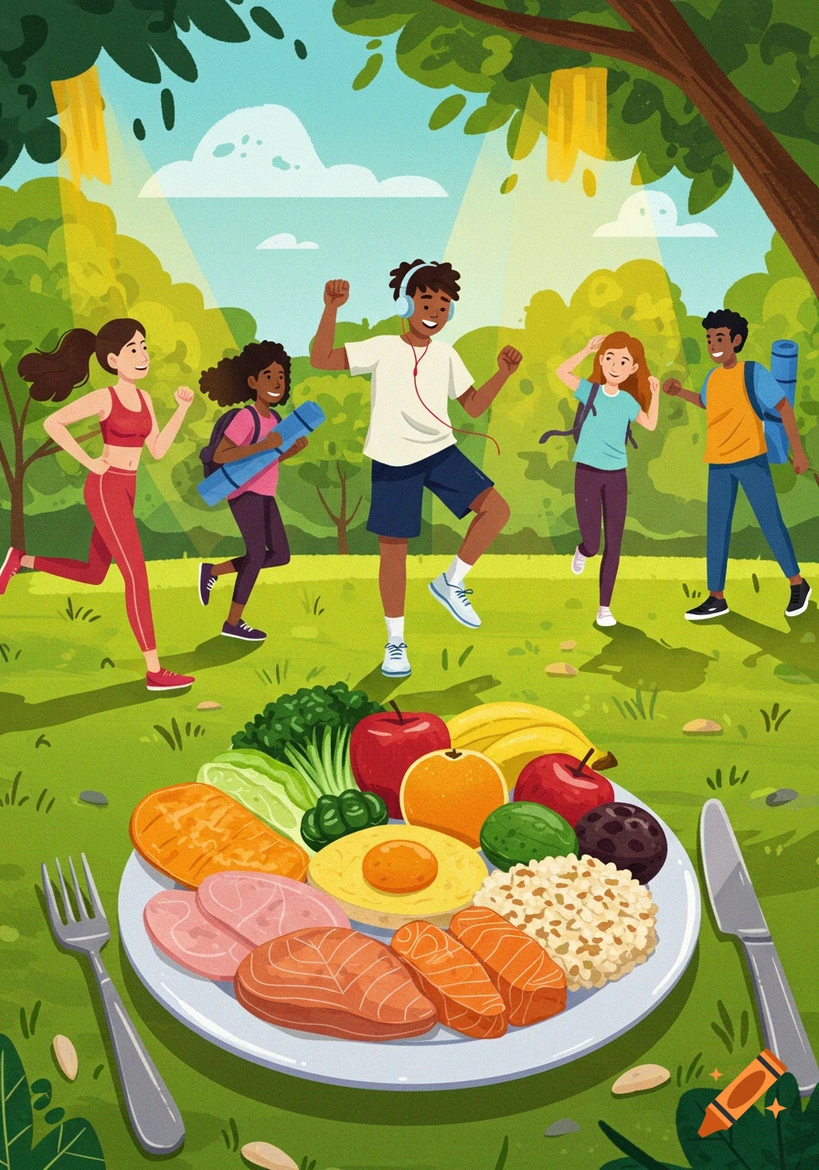 Colorful illustration of diverse young people exercising outdoors, with a large plate of healthy food in the foreground.
