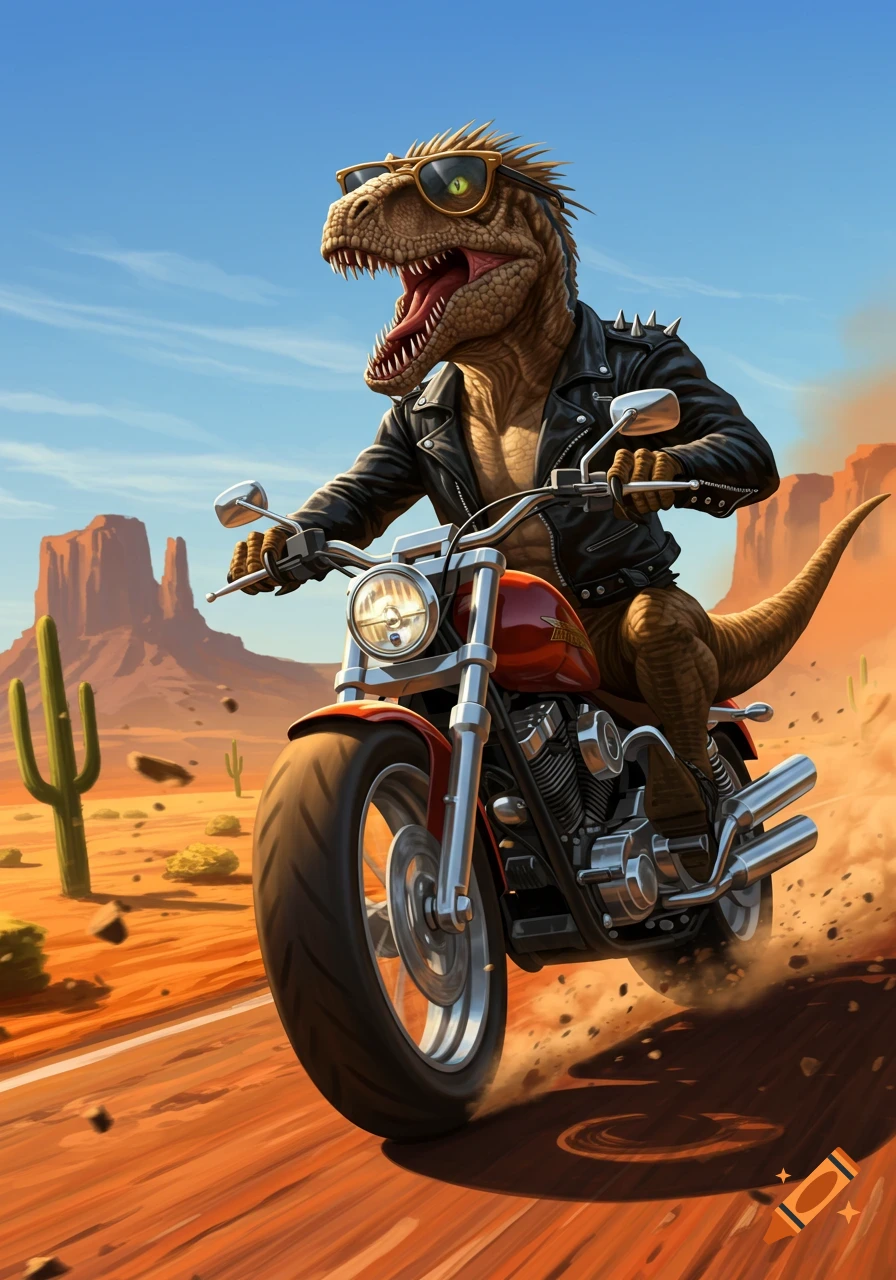 A cool dinosaur wearing sunglasses and a leather jacket rides a motorcycle through a desert landscape with cacti and mesas under a clear blue sky.