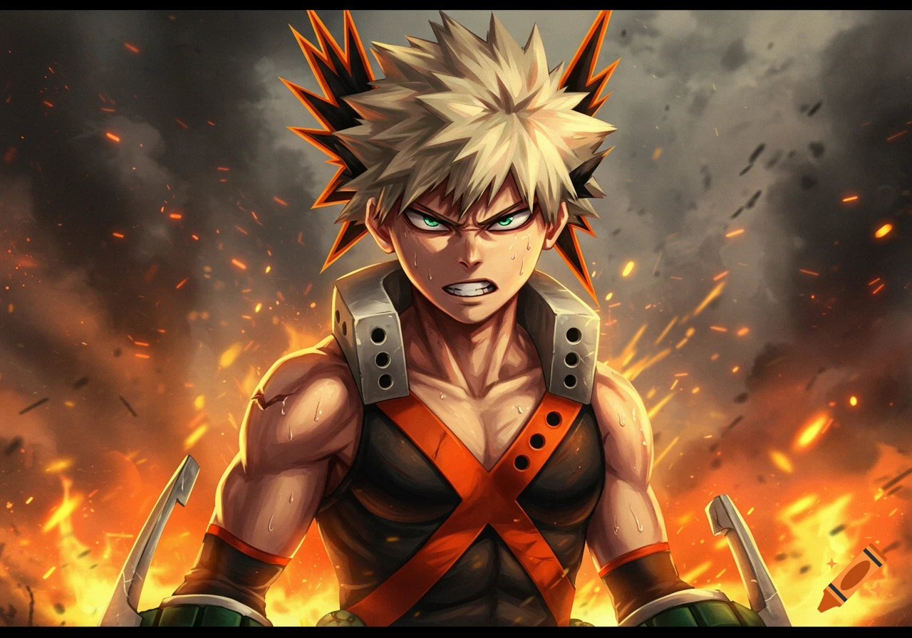 An angry anime character with spiky blonde hair and green eyes, Bakugo from My Hero Academia, stands amidst explosions and fire.