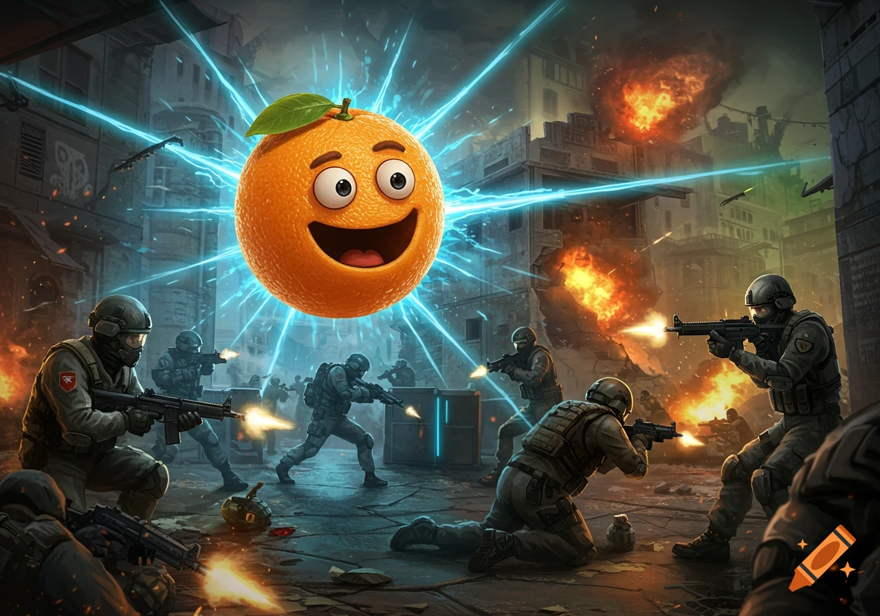 A large, smiling cartoon orange floats above a military combat scene with soldiers, explosions, and blue energy in a war-torn city.