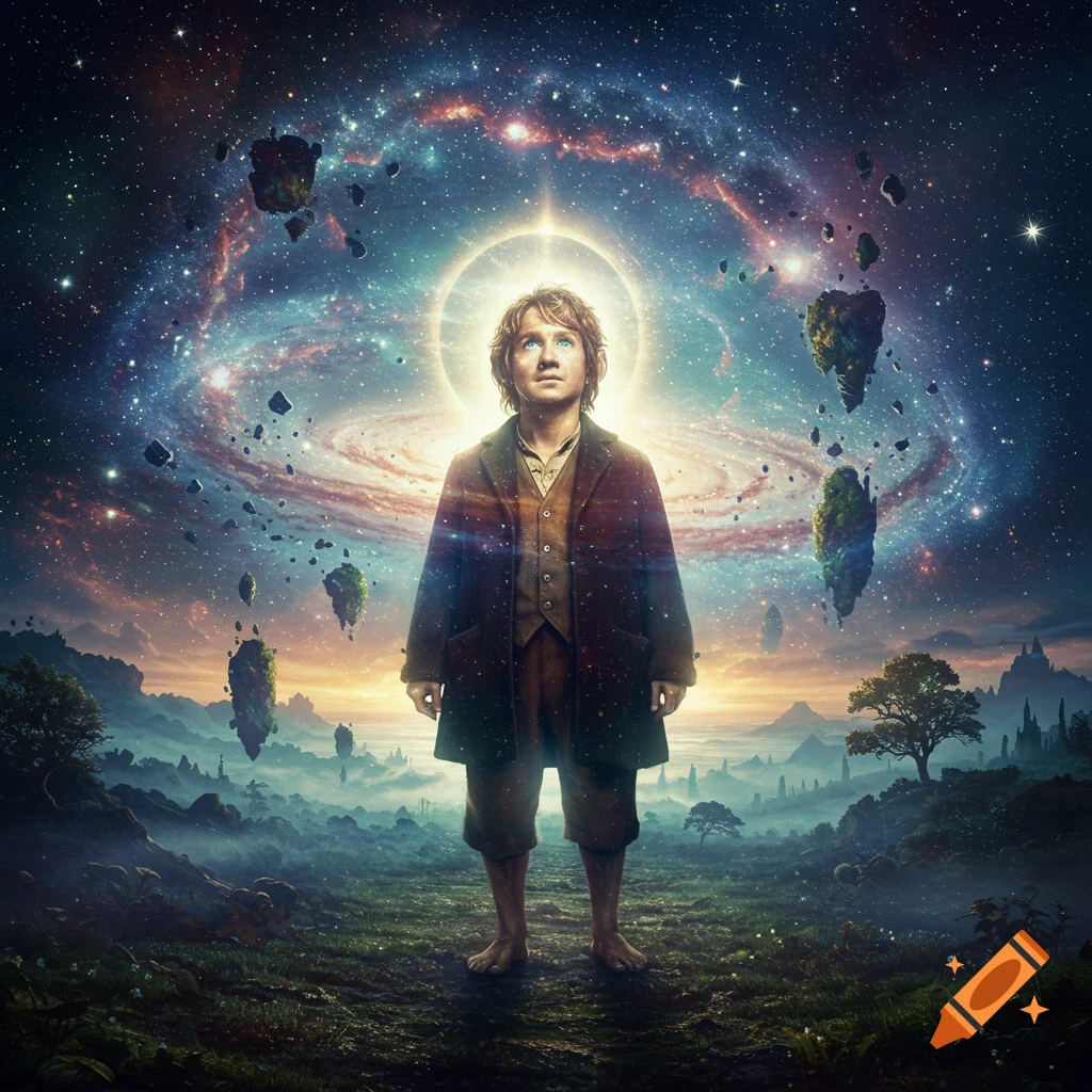 Bilbo Baggins stands barefoot in a grassy landscape, looking up at a swirling galaxy with floating islands, a glowing halo around his head. Cinematic style.