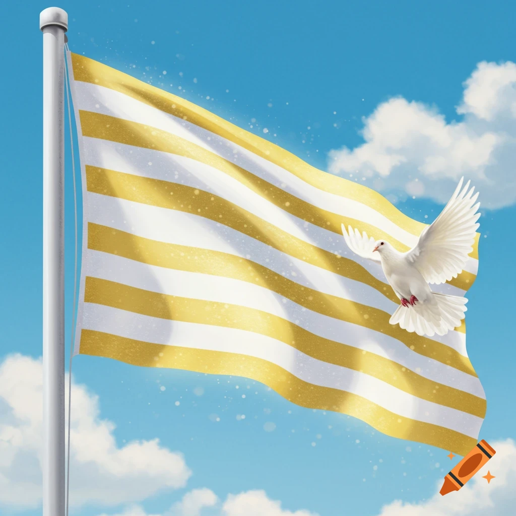 A white and gold striped flag waves on a pole under a blue sky as a white dove flies past with spread wings.
