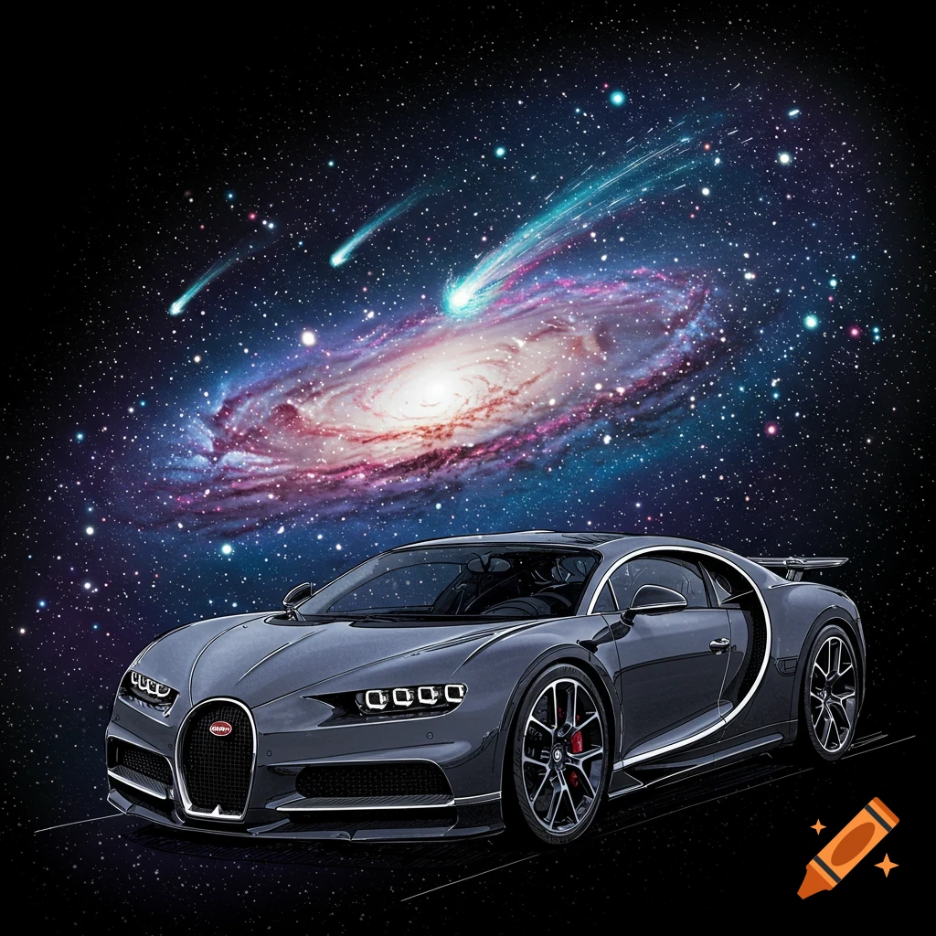 Sketch of a gray Bugatti Chiron with a vibrant spiral galaxy and streaking comets in the dark starry background.