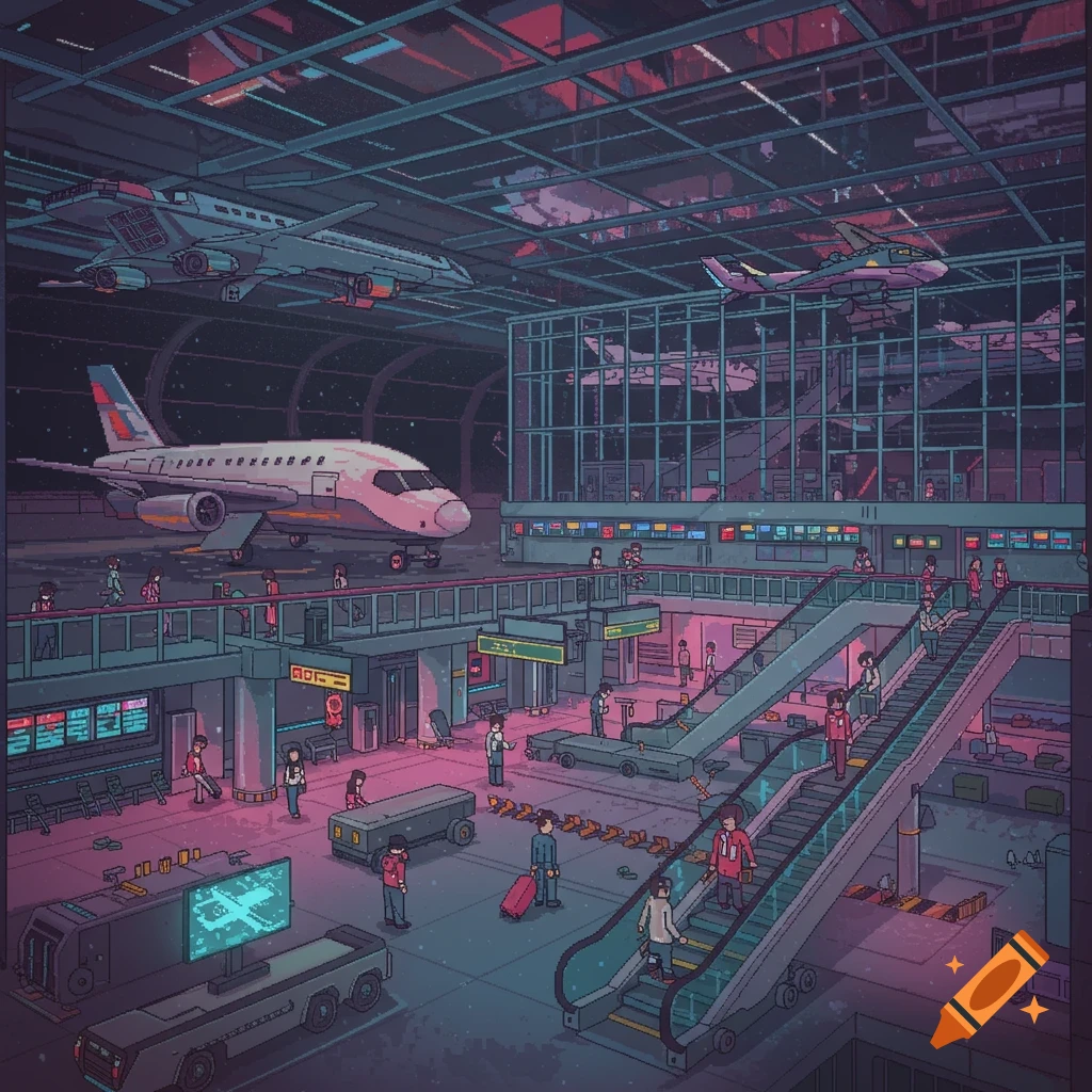 A bustling sci-fi airport terminal rendered in pixel art, with airplanes on the tarmac and people moving on escalators, bathed in purple and blue light.