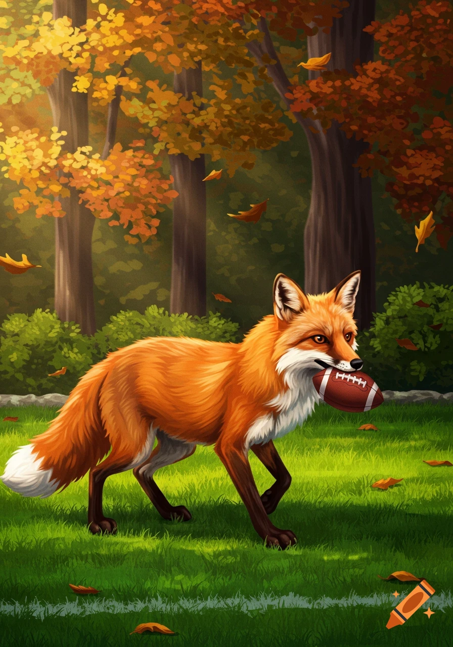 A vivid illustration of an orange fox carrying a football in its mouth, walking on a green field in an autumn forest with colorful trees.