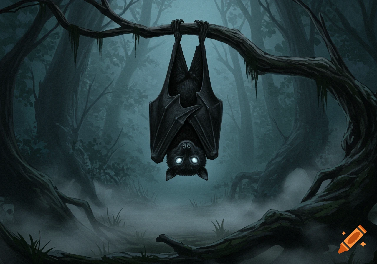 A black bat with glowing silver eyes hangs upside down from a tree branch in a dark, misty forest, illustrated in a moody style.