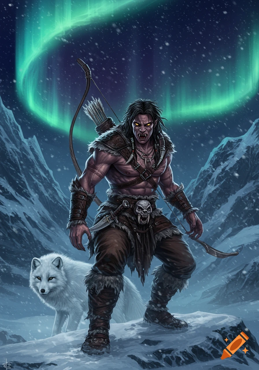 A feral warrior with fangs, claws, and a bow stands with an arctic fox in a snowy mountain landscape under the aurora borealis.