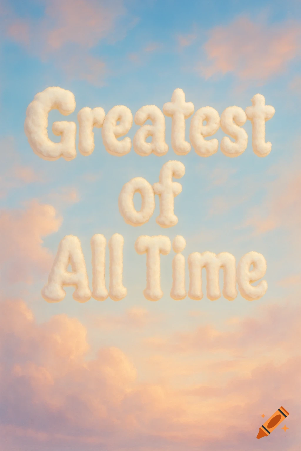 Fluffy white cloud letters spell "Greatest Of All Time" against a pastel blue and pink cloudy sky.