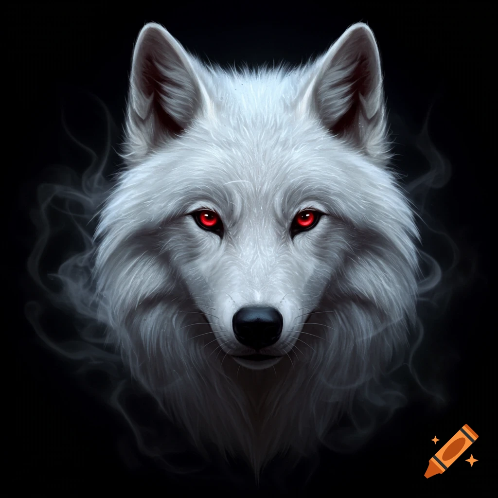 Close-up of a white wolf's head with piercing red eyes, surrounded by smoky wisps against a dark background.