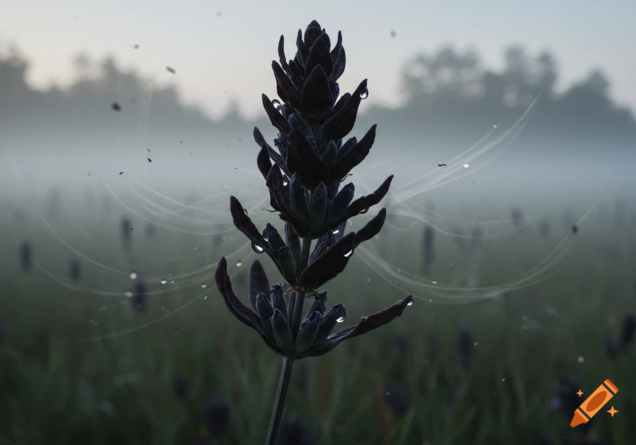 A dark lavender plant covered in dew drops stands in a misty field with faint spiderwebs visible in the background.
