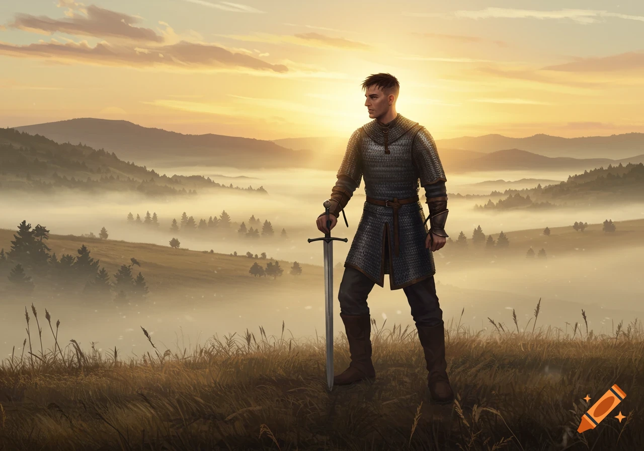 A man in chainmail armor stands on a hilltop holding a sword, looking out over a misty valley at sunrise, digital painting.