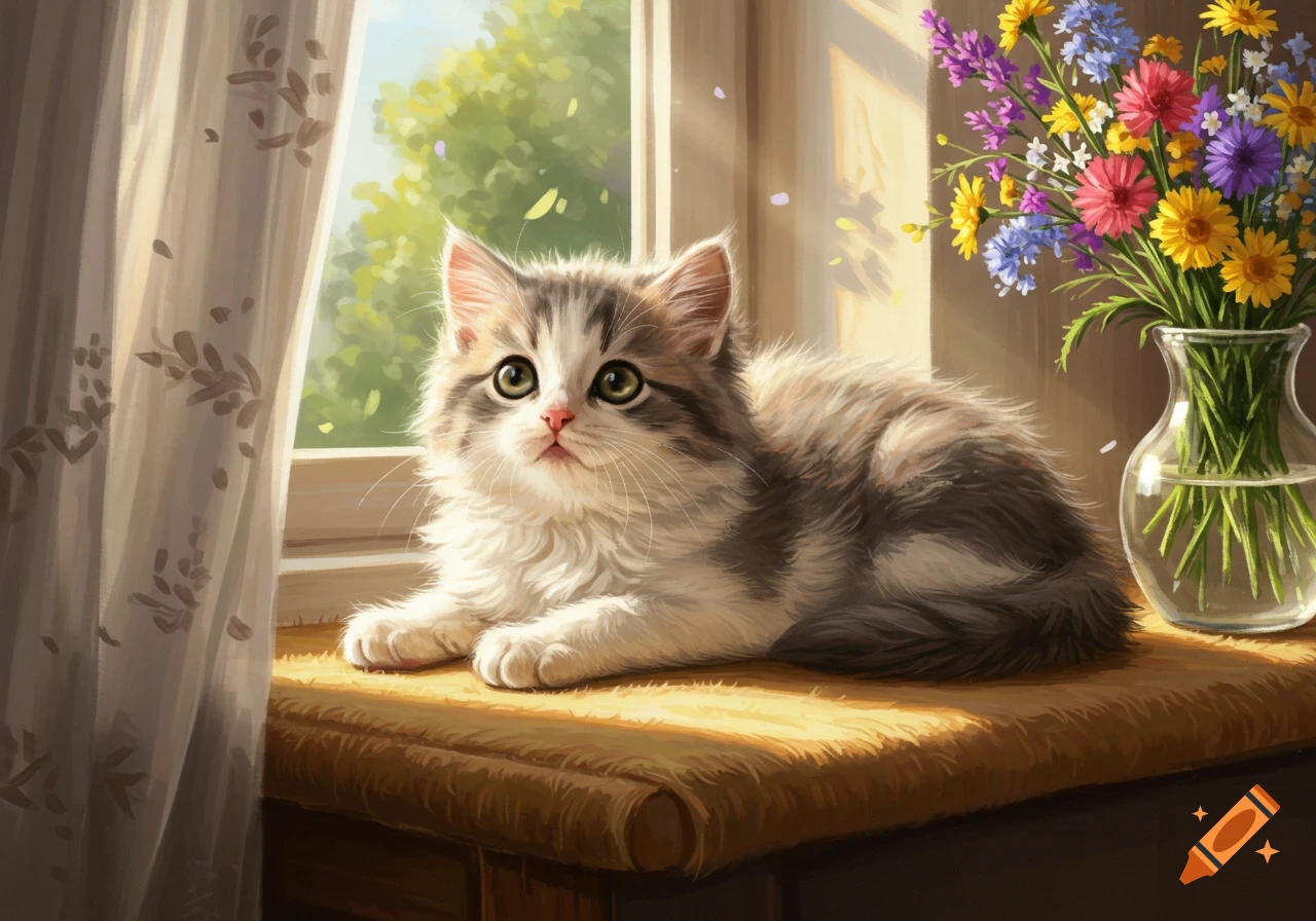 A fluffy grey and white kitten lies on a sunlit windowsill next to a vase of colorful flowers.
