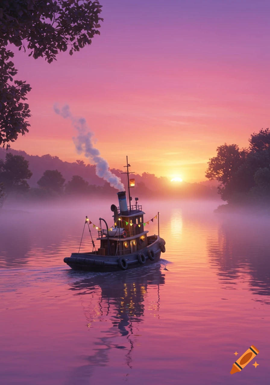 A stylized tugboat with lights and flags steams on a misty river at a vibrant pink and orange sunset.