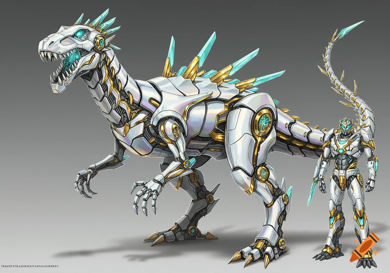 A white and gold Cyberprep-style mechanical T. rex next to a humanoid robot with turquoise glowing accents.