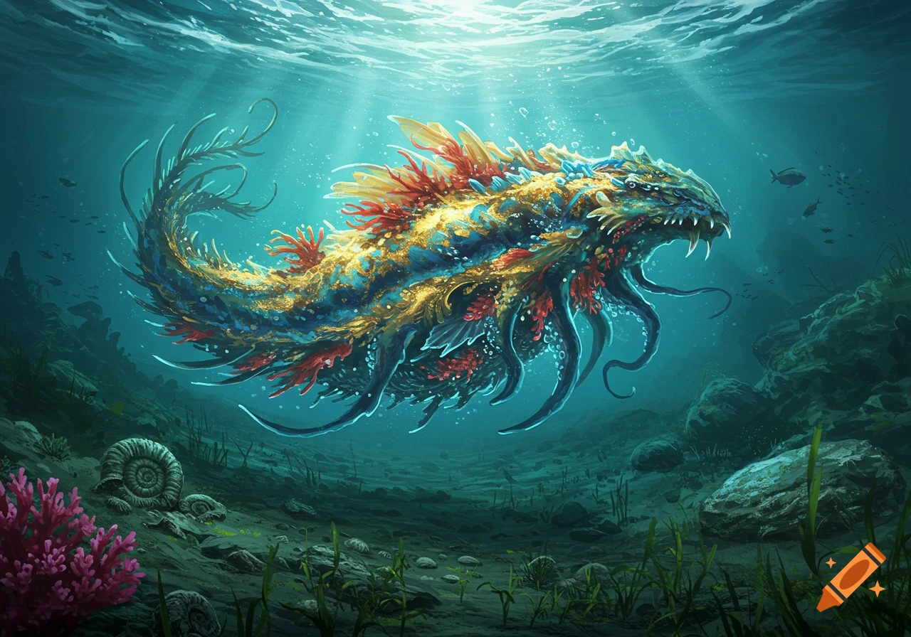 A vibrant, intricate fantasy creature adorned with coral and golden patterns swims through a luminous underwater world with seabed fossils.