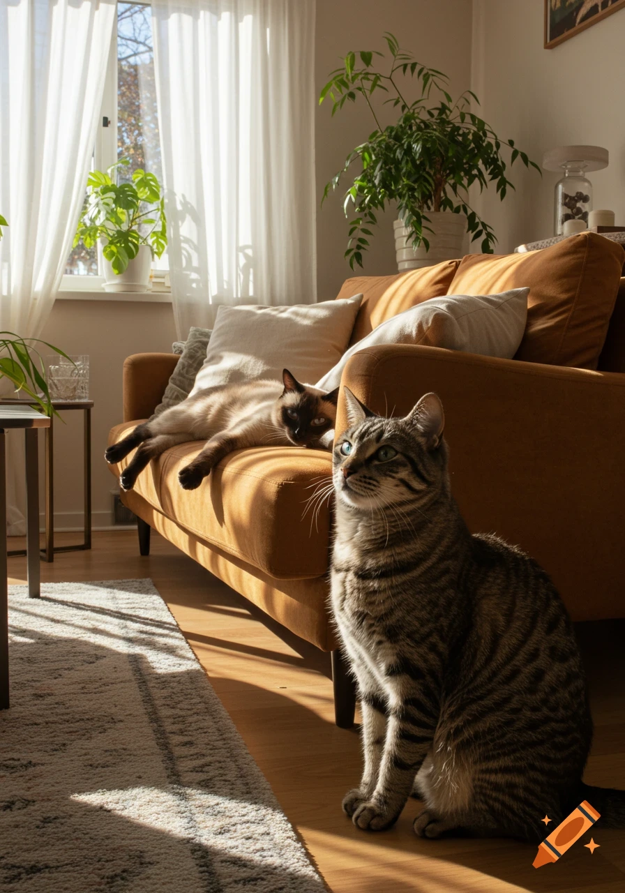 A tabby cat sits on a sunny floor in a living room, while a Siamese-like cat lounges on a brown couch.