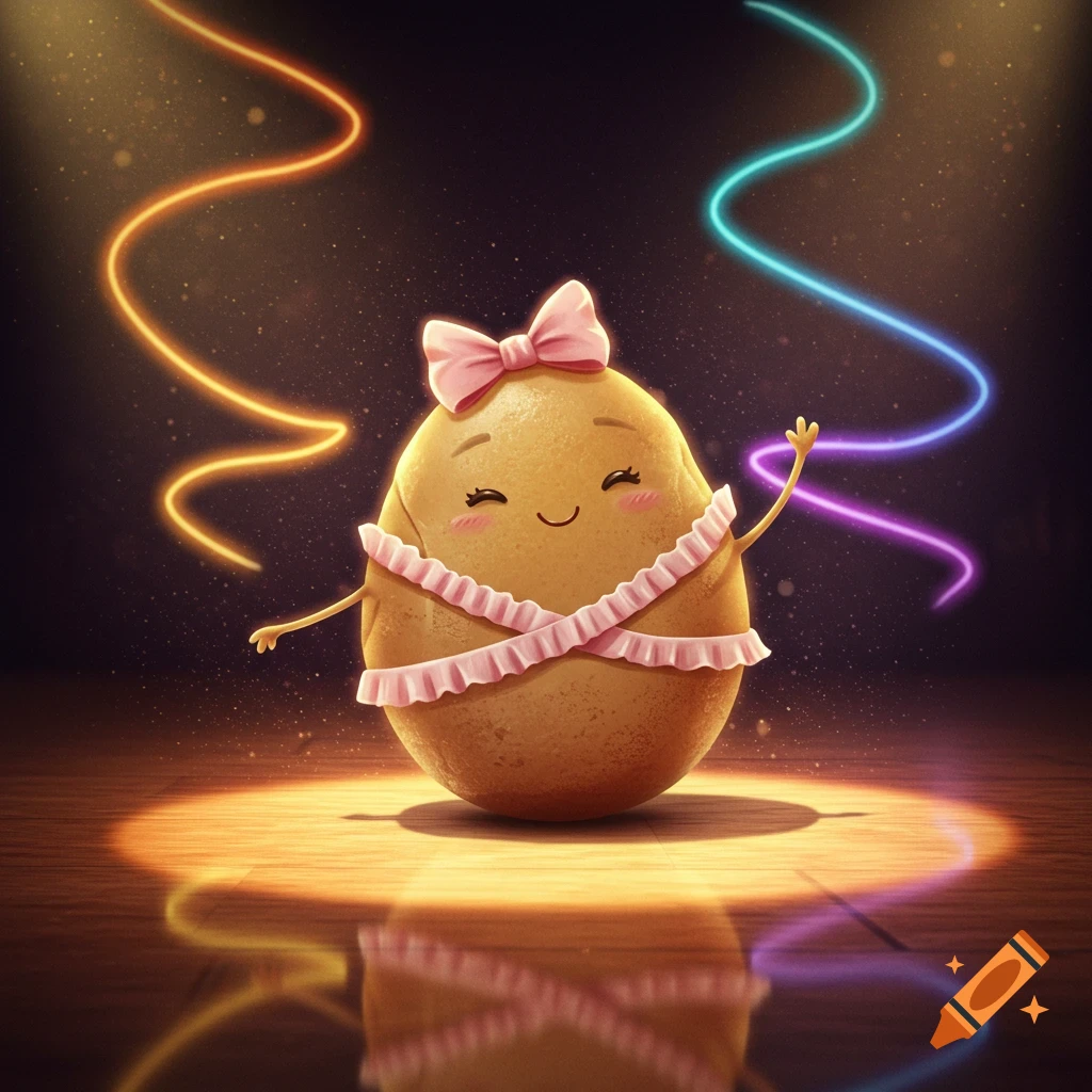 A cute, cartoon potato wearing a pink bow and frilly dress, dancing on a reflective dance floor under spotlights with neon light trails.