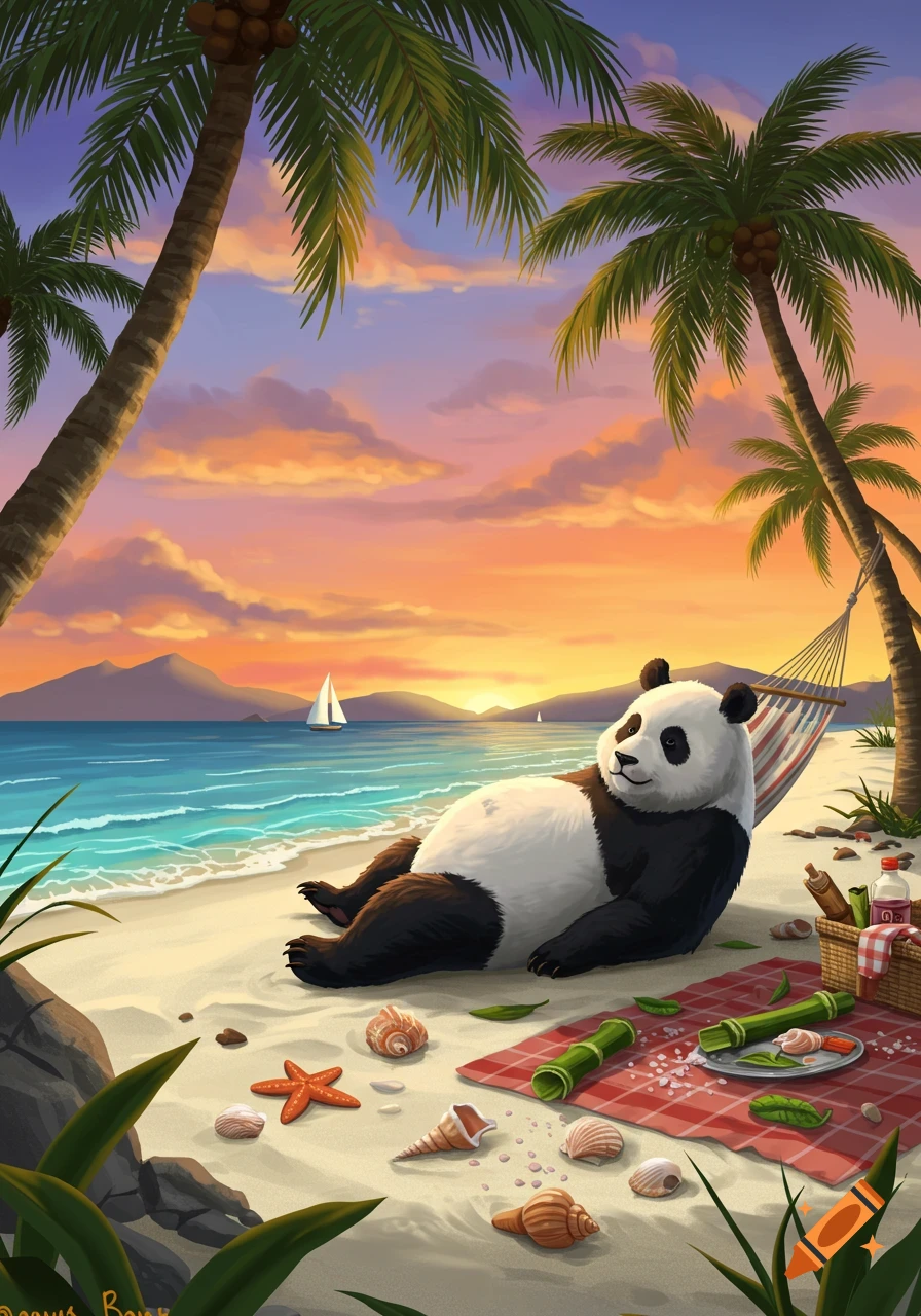 A cartoon panda relaxes on a sandy beach under palm trees, with a vibrant sunset over the ocean and a sailboat.