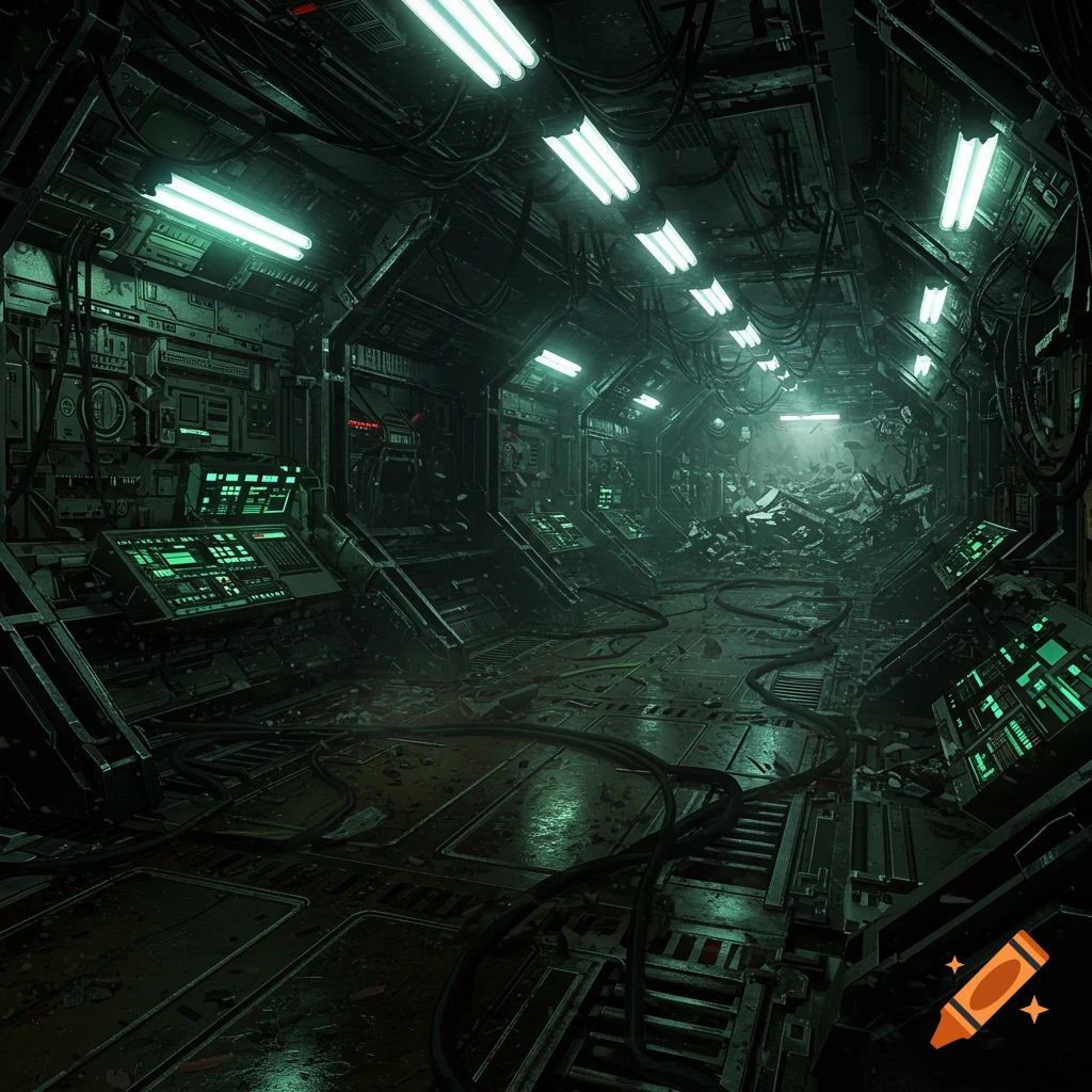 Dark, damaged futuristic space station corridor with glowing green control panels and rubble blocking the end of the hall.