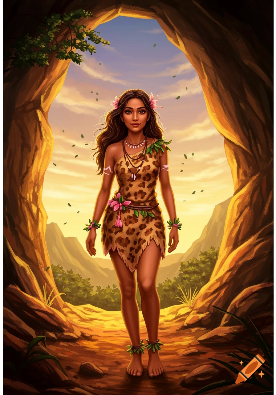 Digital illustration of a beautiful Indian cave woman in a leopard print dress and flowers, standing in a cave at sunset.