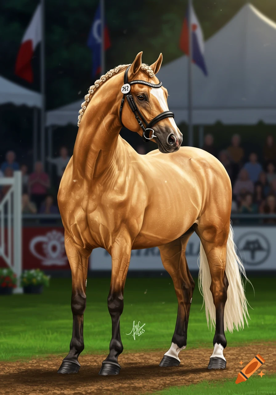 A majestic palomino horse with a braided mane and bridle stands on a dirt track in an arena with flags and spectators, digital art.