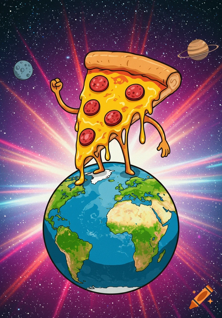 A cartoon pizza slice with arms and legs stands triumphantly atop planet Earth in a starry space background with other planets.