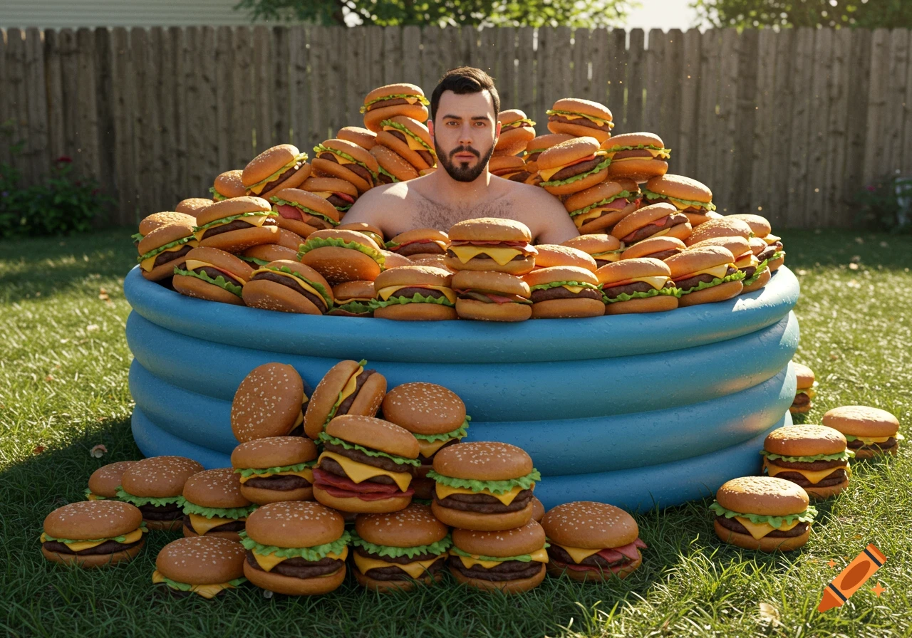 Shirtless, bearded man in a small blue pool filled with burgers. More burgers on the grass in a sunny backyard. Photorealistic.