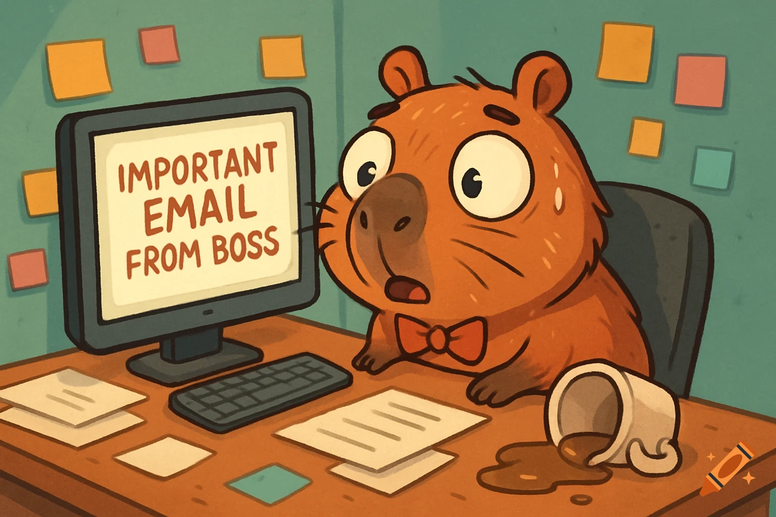 A surprised cartoon capybara in an office, looking at a computer screen displaying 'IMPORTANT EMAIL FROM BOSS'. A spilled coffee cup is on the desk.