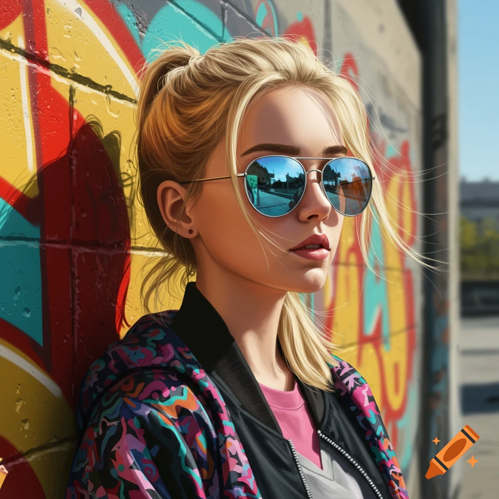 Blonde teenager with sunglasses leaning against a vibrant graffiti wall in an urban setting.