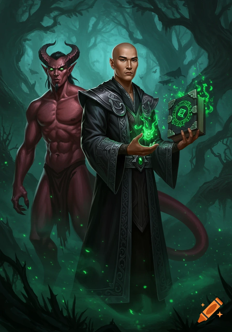 A bald warlock in a black robe with a glowing grimoire stands next to a muscular red-skinned incubus in a dark, misty fantasy forest.