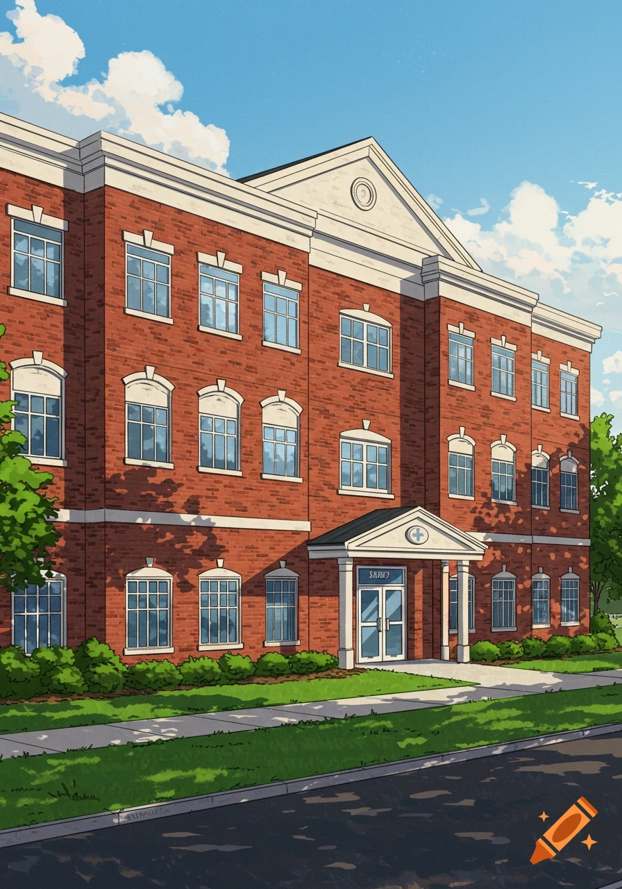 An anime-style three-story red brick medical office building with a columned entrance and green landscaping under a blue sky.