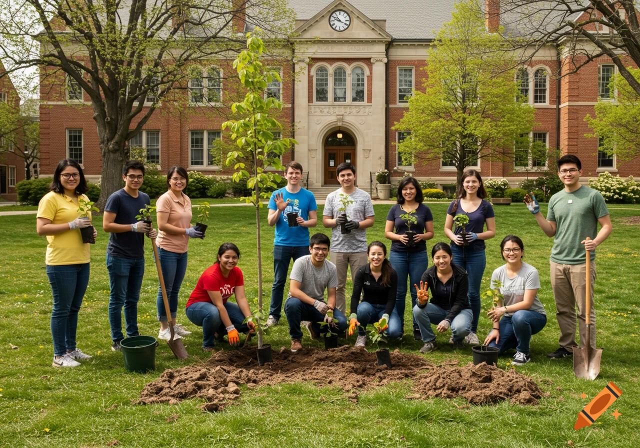 A group of diverse university students on a green lawn, some kneeling and some standing, planting tree saplings in front of a classic red brick campus building.
