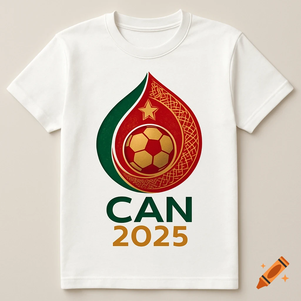 White t-shirt with a red, green, and gold football logo featuring a soccer ball and a star, with "CAN 2025" text below it.