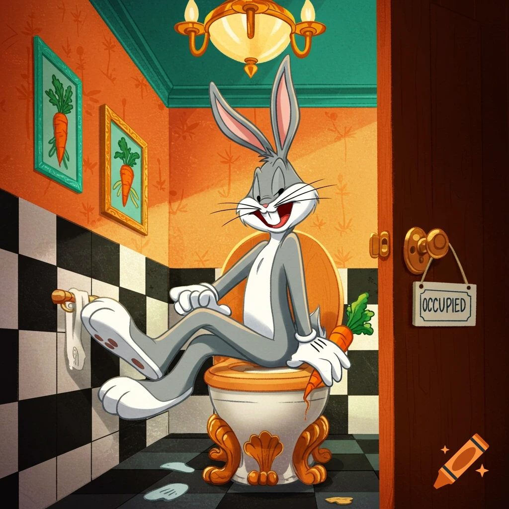 Bugs Bunny on a fancy toilet in a cartoon bathroom, holding a carrot, with an 'OCCUPIED' sign on the door.