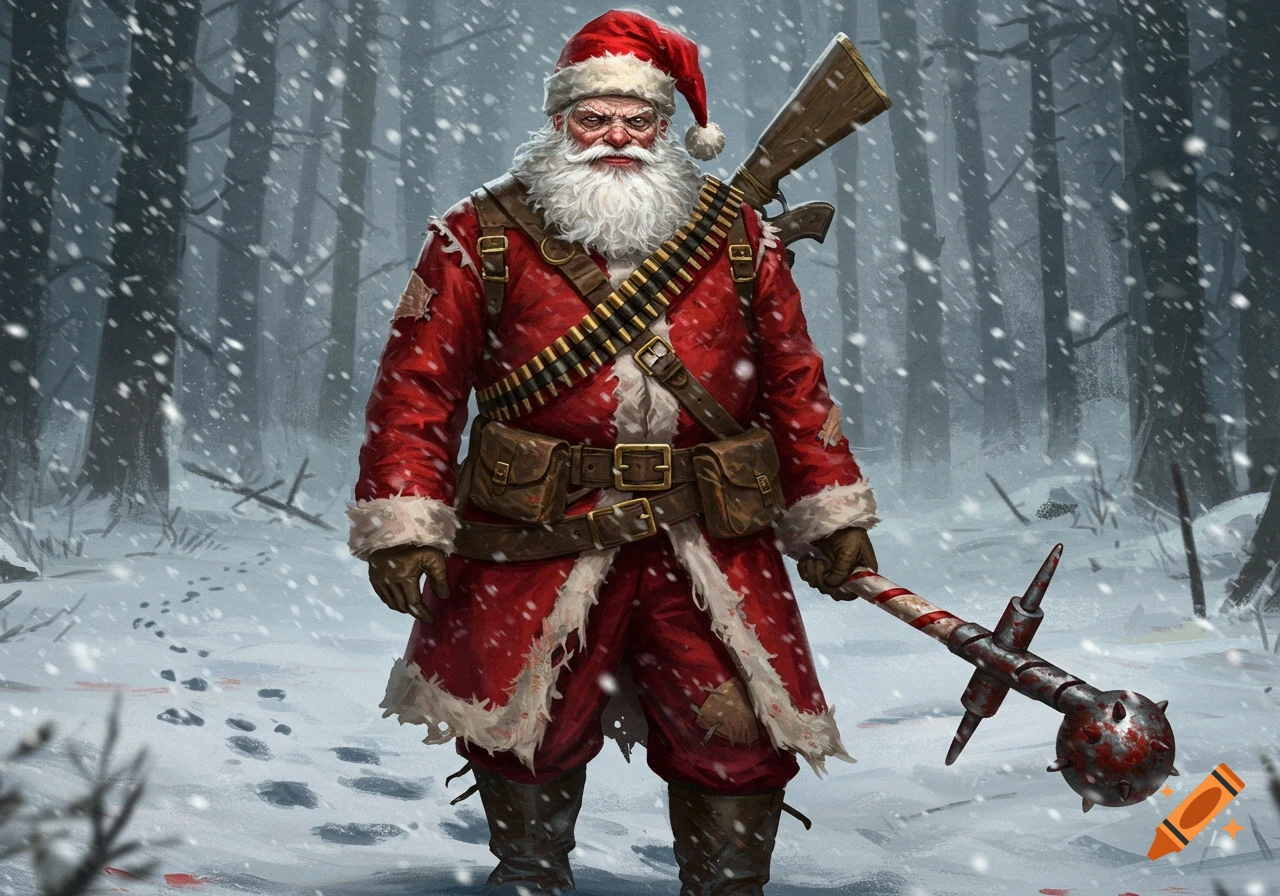 A grim, tattered Santa Claus with a shotgun on his back and a bloody spiked mace stands in a snowy forest.