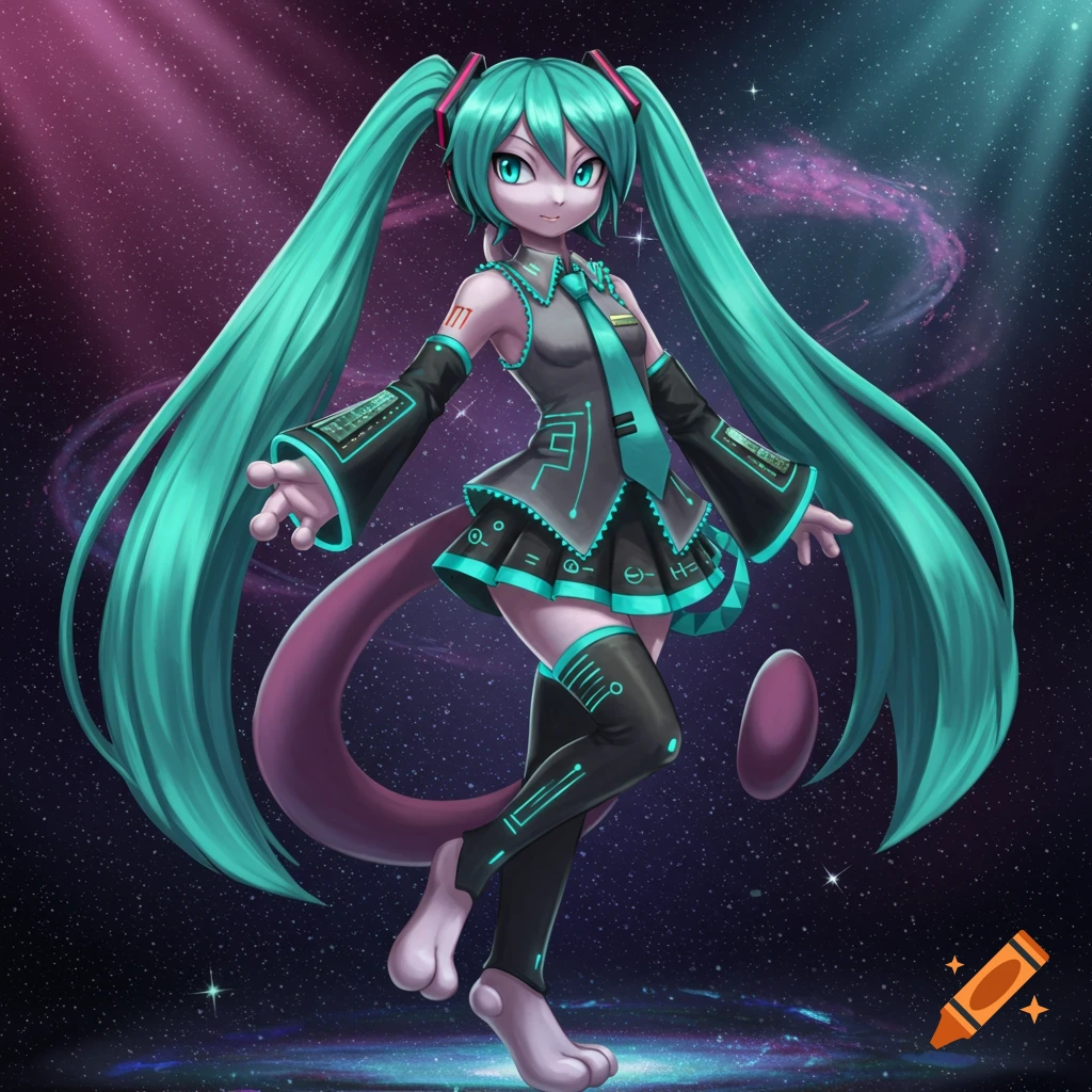 A creature resembling Mewtwo with light purple skin wears a turquoise and black Hatsune Miku outfit with long turquoise pigtails, standing in a starry galaxy.