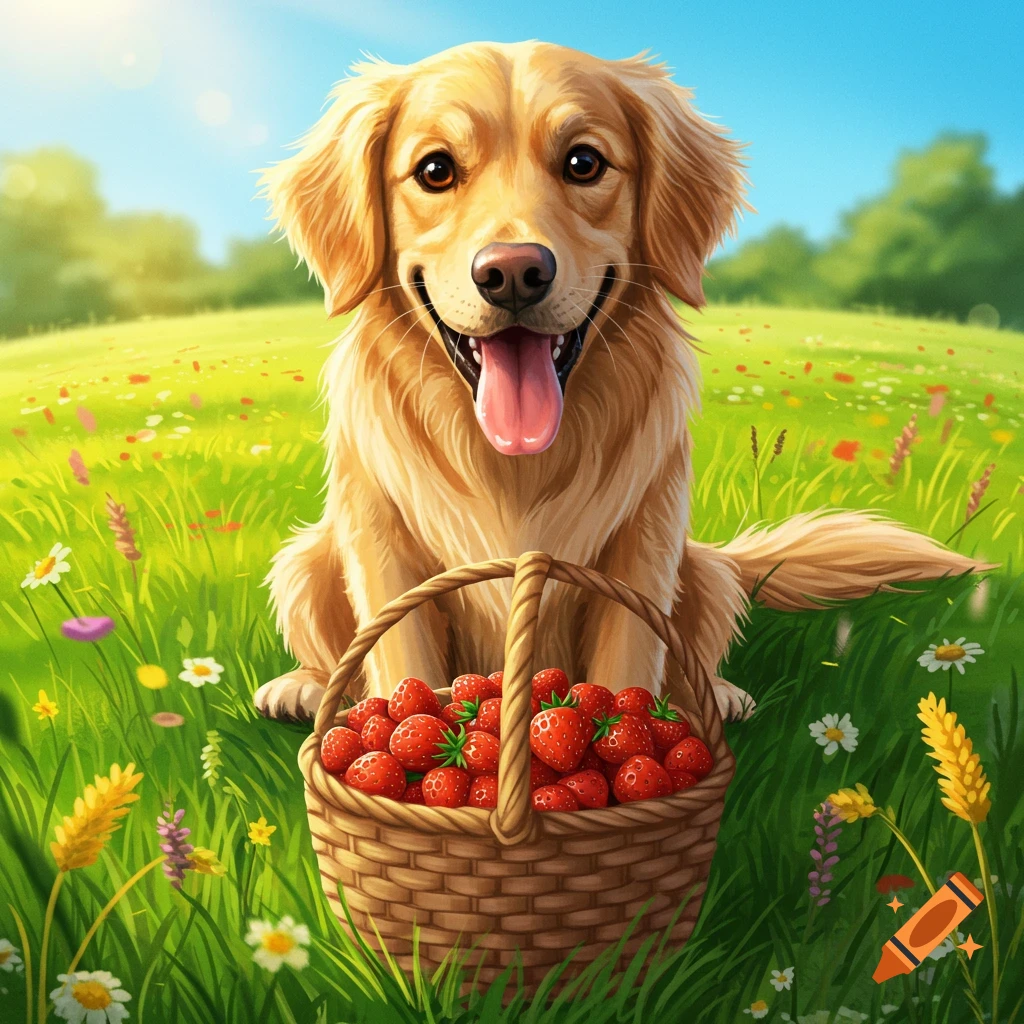 A happy golden retriever sits in a sunny green field with a basket full of ripe strawberries.