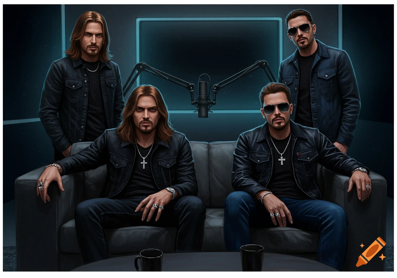 Four stylized men in black jackets, two seated and two standing, in a dimly lit podcast studio with a microphone setup and a large screen in the background.