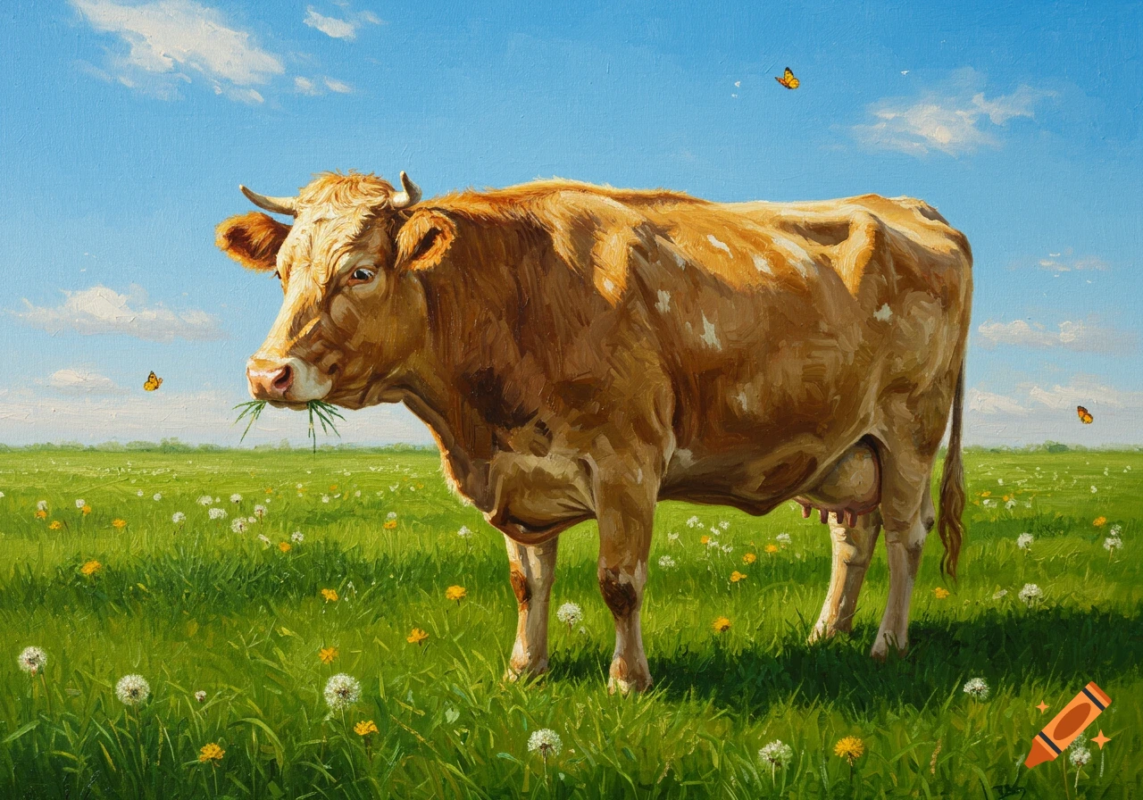Oil painting of a brown cow grazing in a sunny green field with dandelions and butterflies.