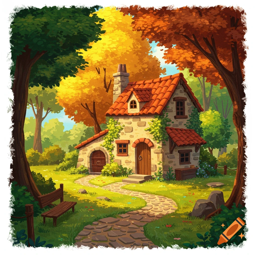 Charming stone cottage with orange tiled roof, winding stone path, and vibrant autumn trees in an illustrated style.