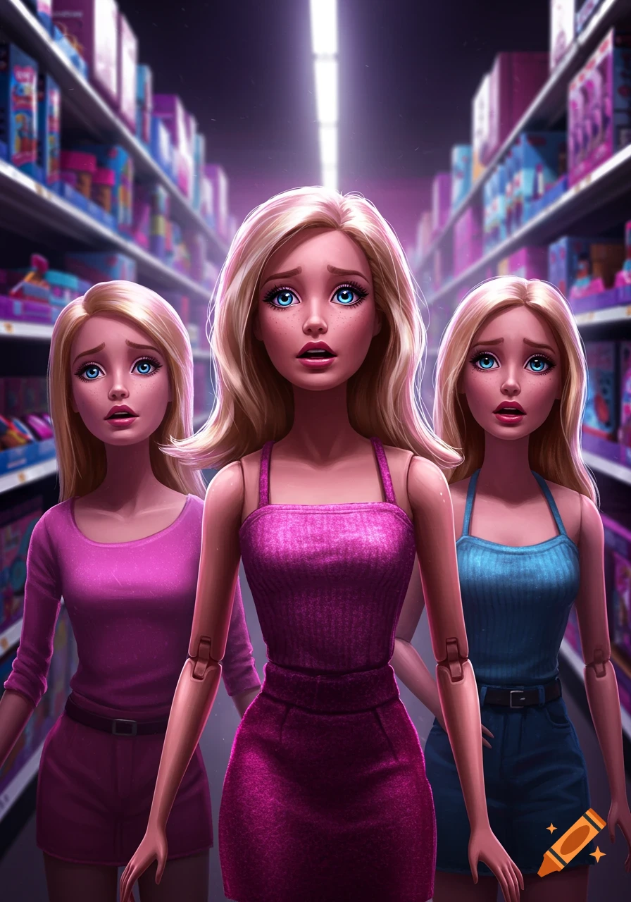Three scared, blonde, blue-eyed doll-like figures in bright outfits stand in a dimly lit supermarket aisle, rendered in a digital art style.